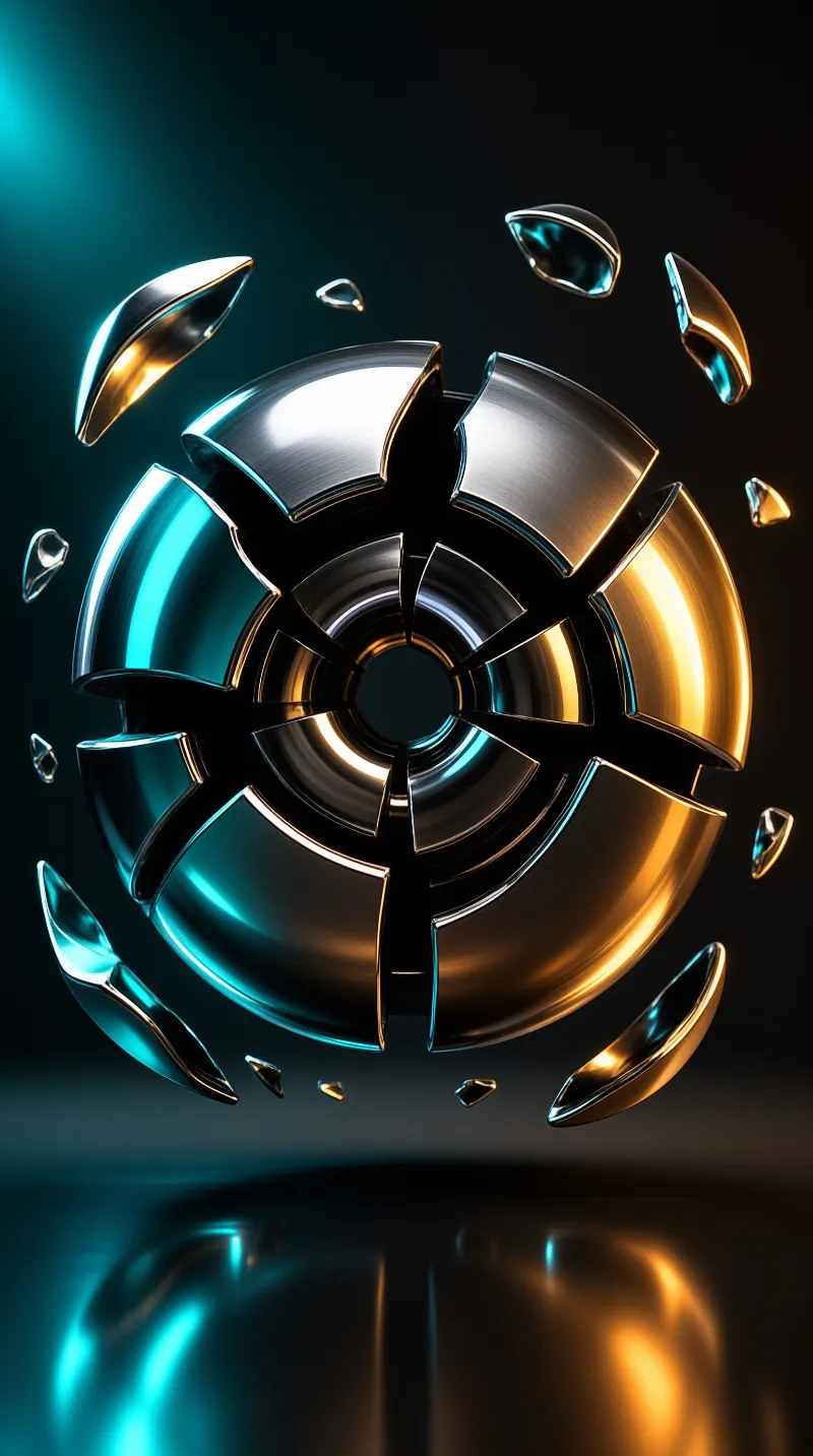 A shattered metallic sphere floats with fragments against a dark background lit by cyan and gold highlights.