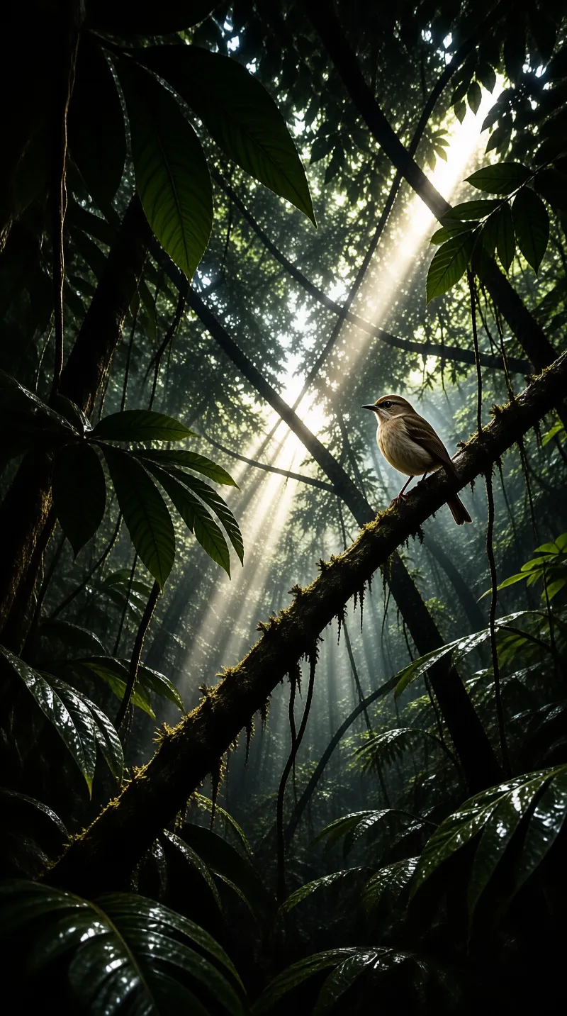 A small brown songbird rests on a mossy limb as sunbeams pierce the dense rainforest canopy.