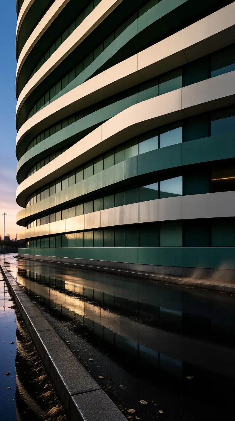 A curved high-rise building with white horizontal bands and green glass sits beside a dark canal reflecting the sky.