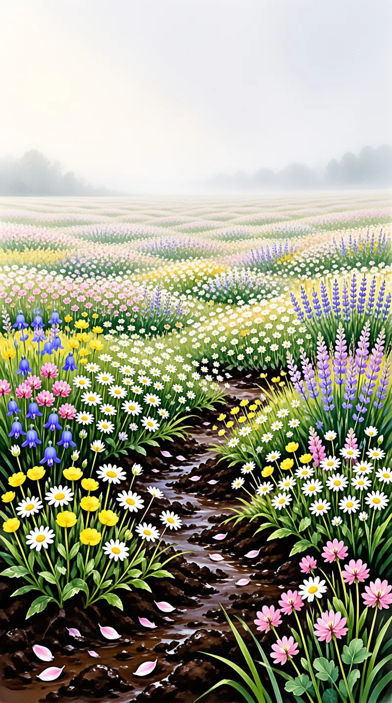 A colorful field of daisies and lupines stretches into the fog with a muddy stream winding through the foreground.