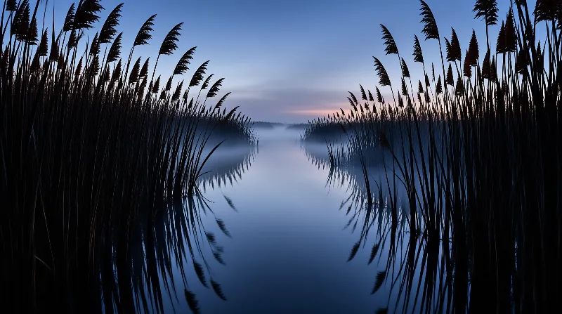 Dark silhouettes of tall grass flank a calm misty waterway under a twilight sky with a hint of orange on the horizon.