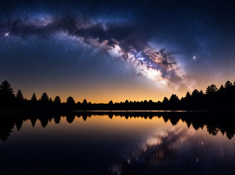 The glowing band of the Milky Way curves above a glassy lake mirroring a dark pine treeline at dusk.