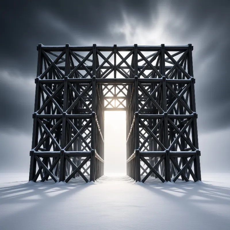 A dark wooden framework stands in a snowy field with light shining through its center against a cloudy sky.