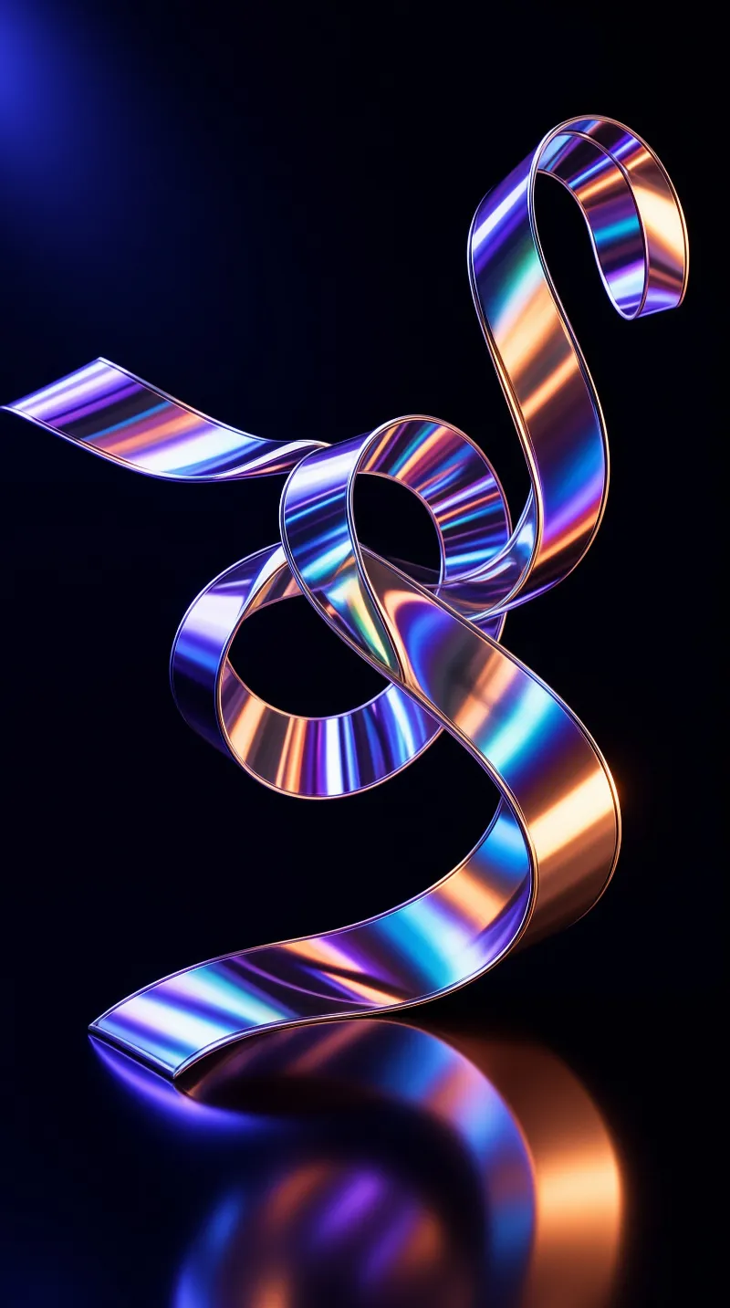 A glossy metallic ribbon loops and twists elegantly, reflecting blue, purple and orange light on a dark background.