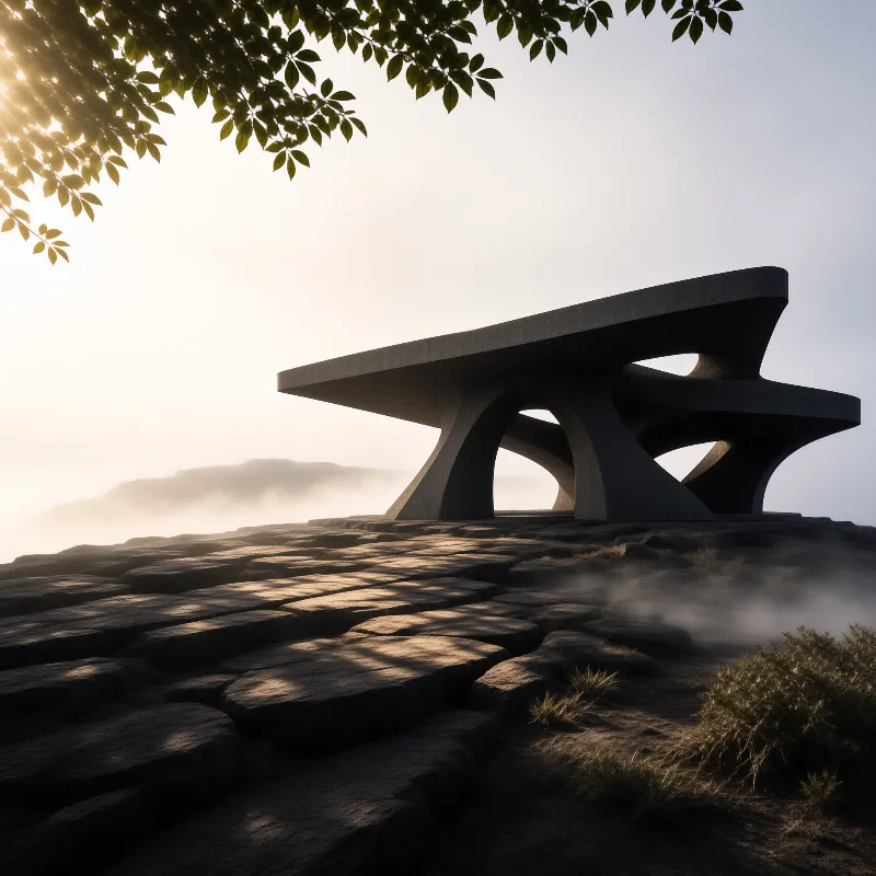 A curved concrete pavilion overlooks misty stone steps on a rocky plateau bathed in soft morning light.