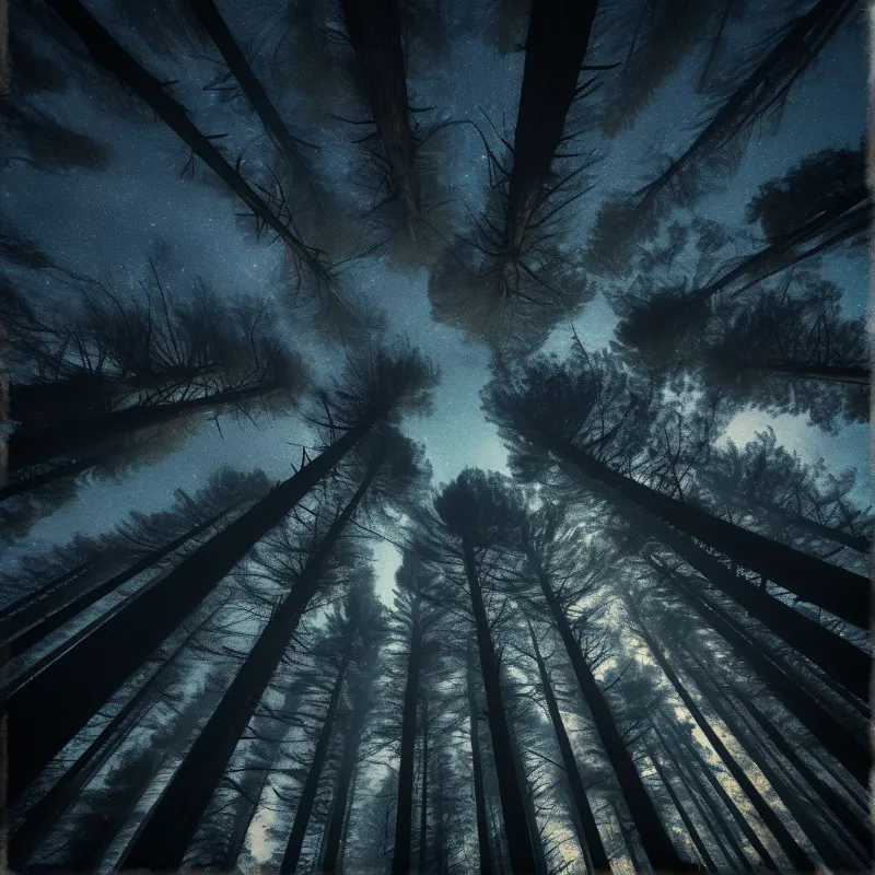 Low angle view up through dark pine tree silhouettes toward a deep blue starry night sky with faint clouds and misty light.