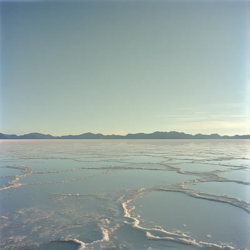 Fractured ice plates form a cracked mosaic across a calm pale lake beneath low distant mountains.