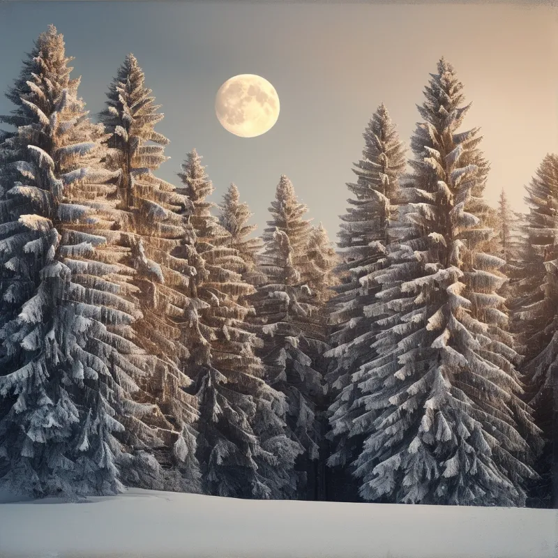 Densely packed coniferous trees encrusted with frost stand tall in a snowy landscape while a full moon hangs in the hazy sky casting a soft golden light