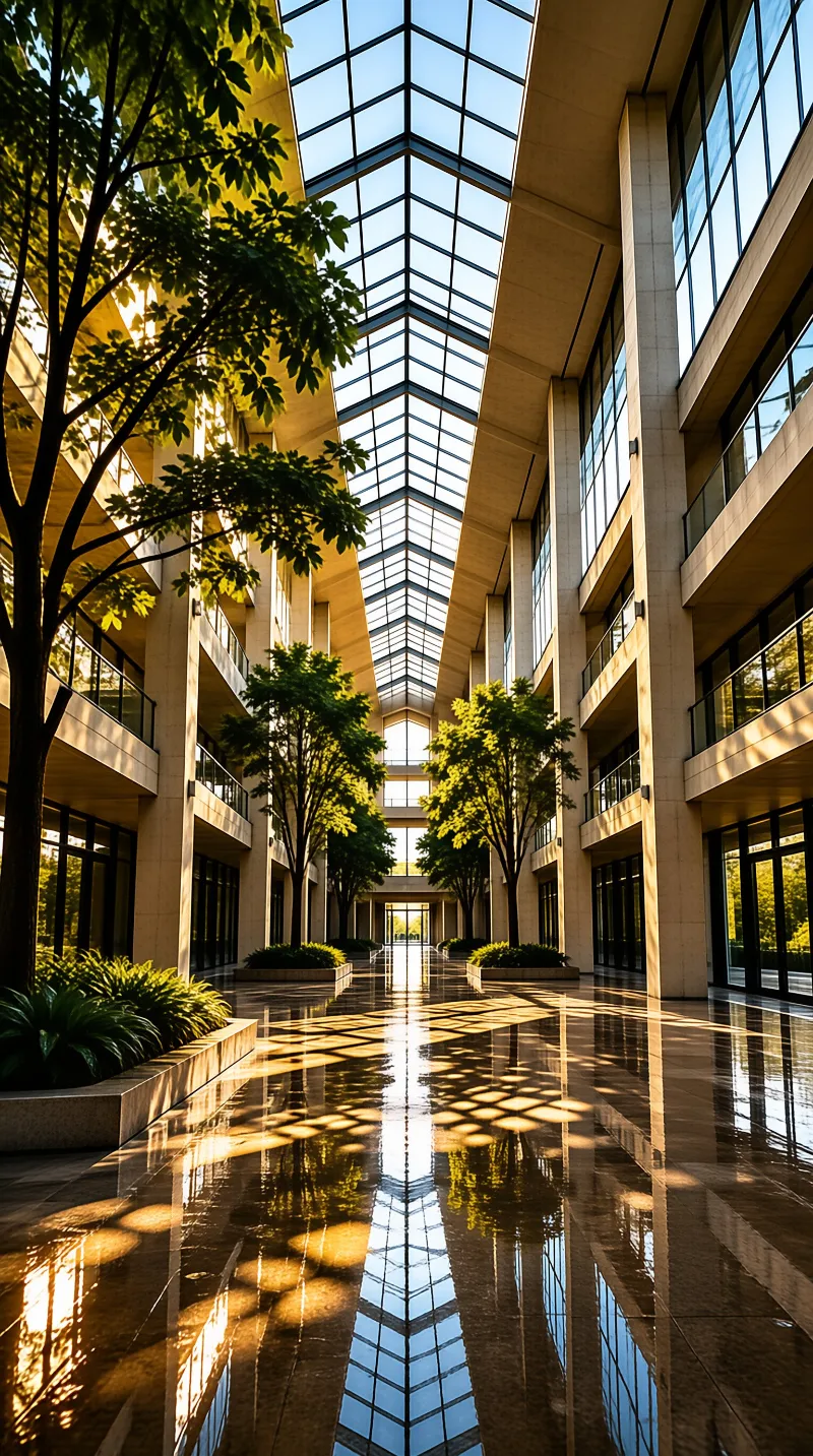 Sunlight floods a glass roofed atrium where lush trees grow beside polished floors that mirror the chevron skylight.