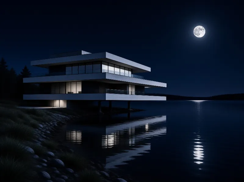 A modern multi-story home stands on stilts above a dark lake while a full moon shines overhead.
