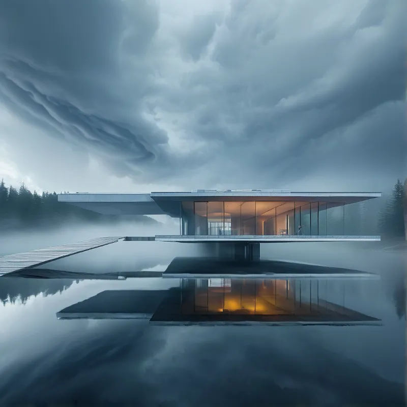 Modern architecture with floor to ceiling windows reflects on calm water surrounded by low hanging mist and dark clouds.