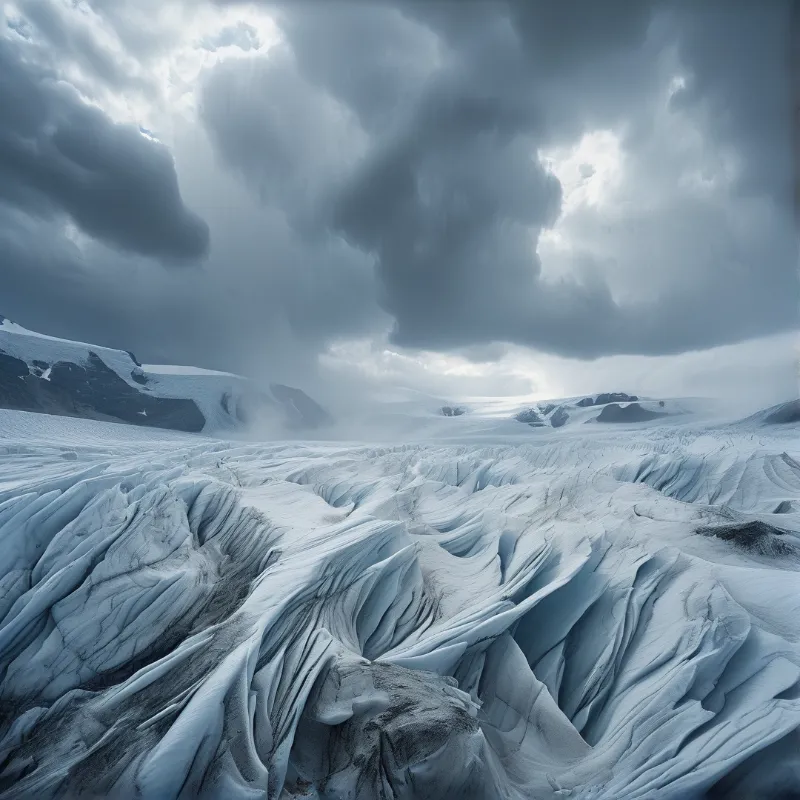 A crevassed glacier spreads across the land under heavy storm clouds, its pale blue ridges catching faint diffused light.