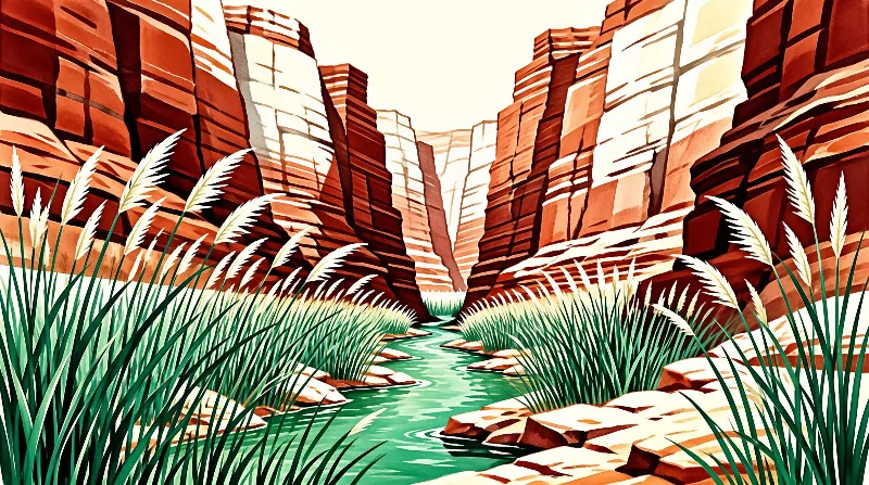 Digital art portrays a winding emerald stream meandering between towering stratified red cliffs with tall swaying grasses.