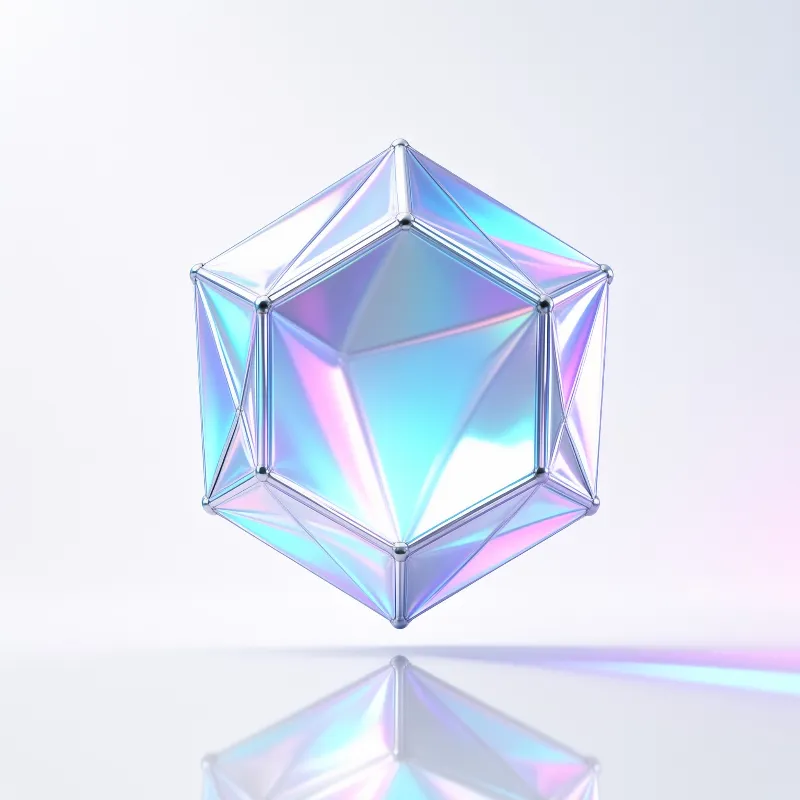 A shiny multifaceted object displays rainbow colors while hovering above a reflective white surface.