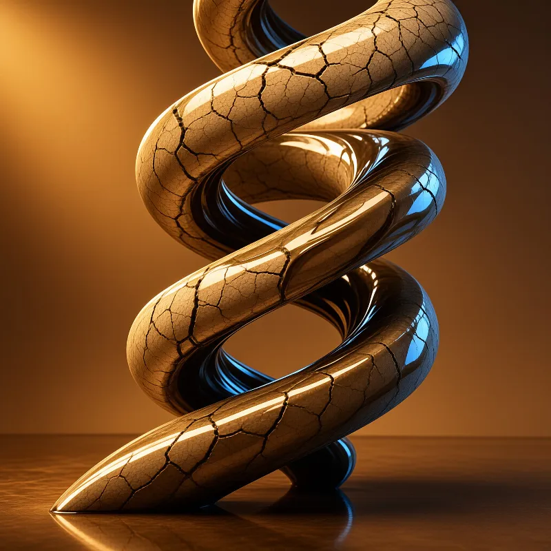 A gleaming helix of cracked gilded coils climbs through warm light against a bronze backdrop.