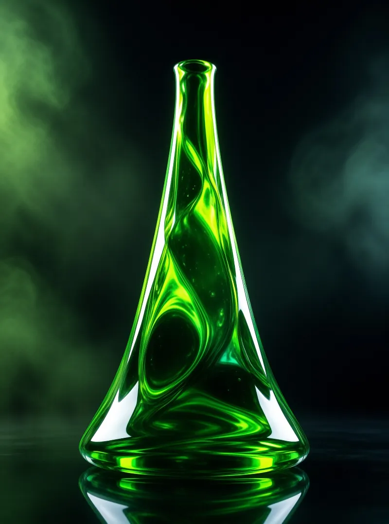 A tall translucent green glass vessel with smooth curved shapes stands on a reflective black surface surrounded by dark swirling mist and glowing green illumination.