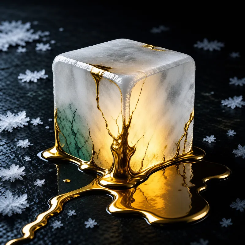 A translucent block of frosty ice glows from within as liquid gold pours down its faces onto a dark surface.