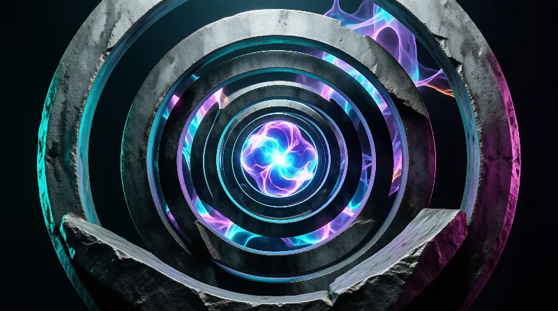 Concentric rings of rough gray stone frame a swirling sphere of blue and purple plasma energy.