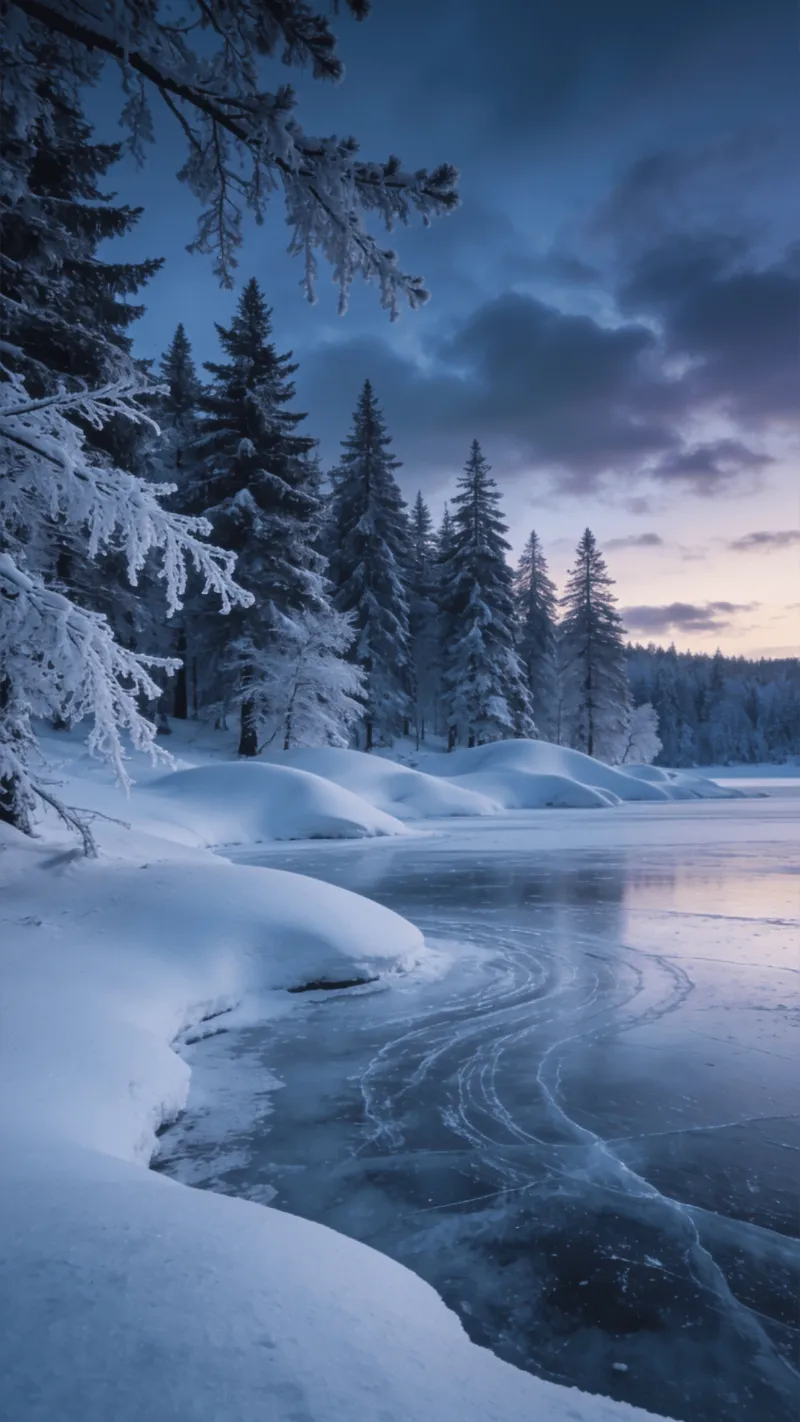Snow-Covered Pines by a Frozen Lake
