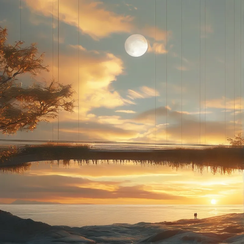 A bridge crosses a calm bay during twilight with a bright moon and golden clouds reflecting on the water surface.