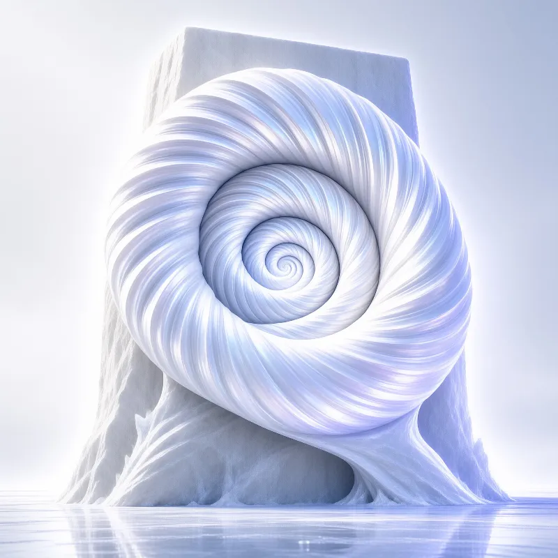 A large white spiral shell structure rises from a blocky base in a bright blue space.