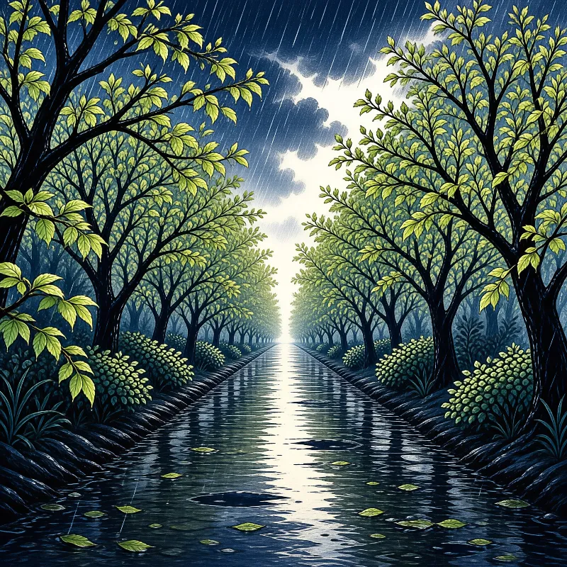 A stylized digital painting of a flooded canal lined with dense green trees under a rainy sky with light reflecting on the water.