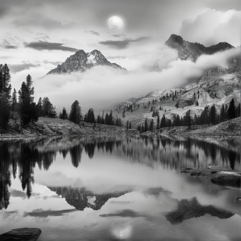 Rugged peaks emerge from low clouds in a monochrome landscape while a still lake mirrors the shoreline trees and sky.