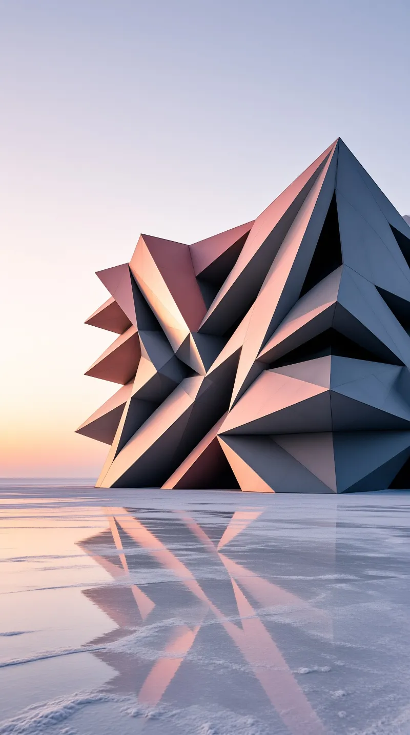 An angular metallic structure rises from a white salt flat reflecting pink sunlight.