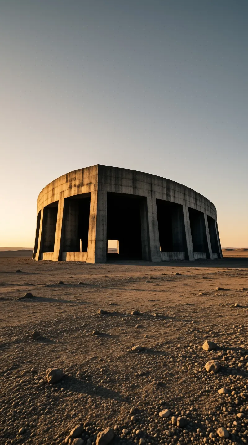 A brutalist curved building with dark open bays faces a barren rocky desert under a sunset gradient sky.