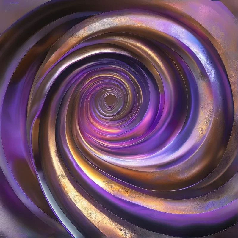 A continuous flow of iridescent metal bands spiraling inward toward a bright center.