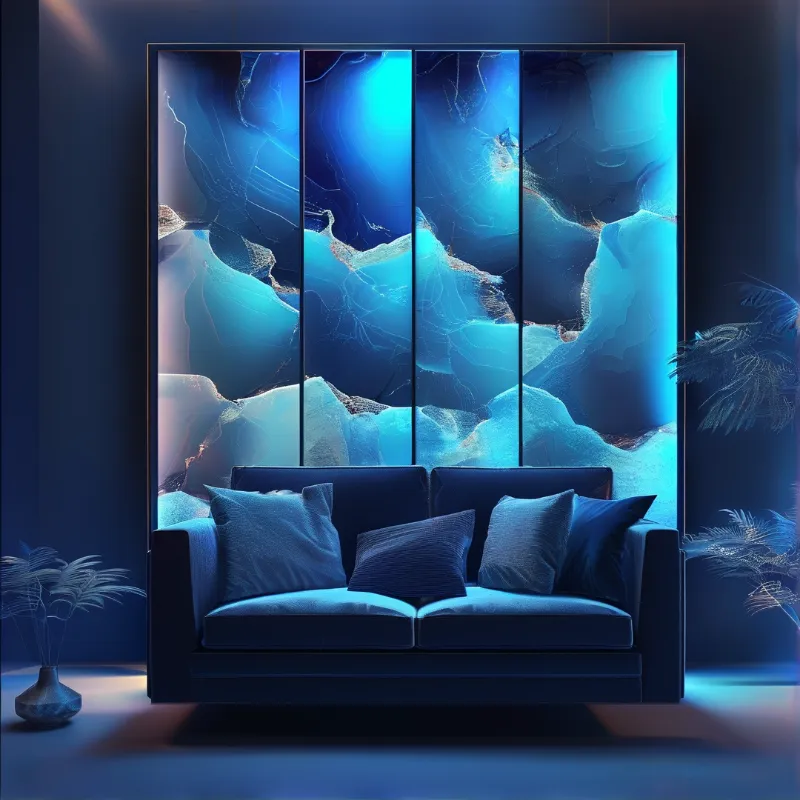 A navy sofa with cushions sits below a luminous four panel abstract blue mountain wall art in a dim blue room