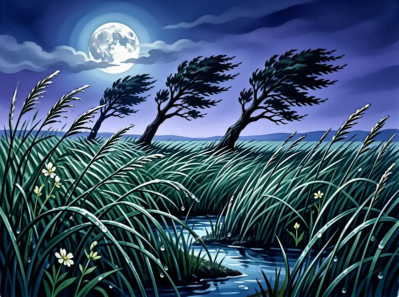 Tall grass and bending trees stand beside a stream under a large full moon in a dark blue night sky.