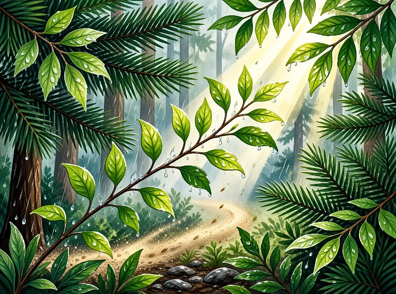 Illustrated evergreen branches dripping with rain frame a winding dirt trail lit by soft shafts of forest sunlight.