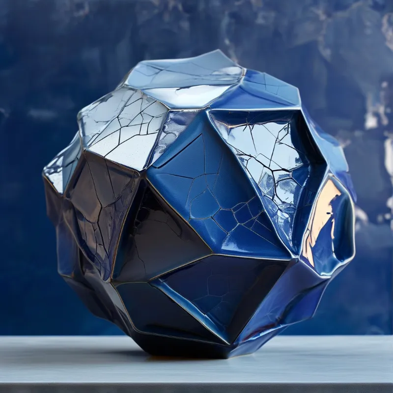 A large blue faceted object with a cracked texture sits on a white shelf against a dark blue blurred background.