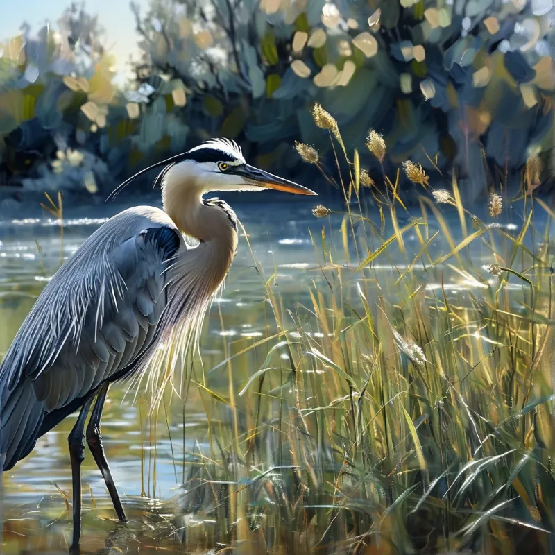 A great blue heron stands in shallow water among tall golden grasses with warm backlighting