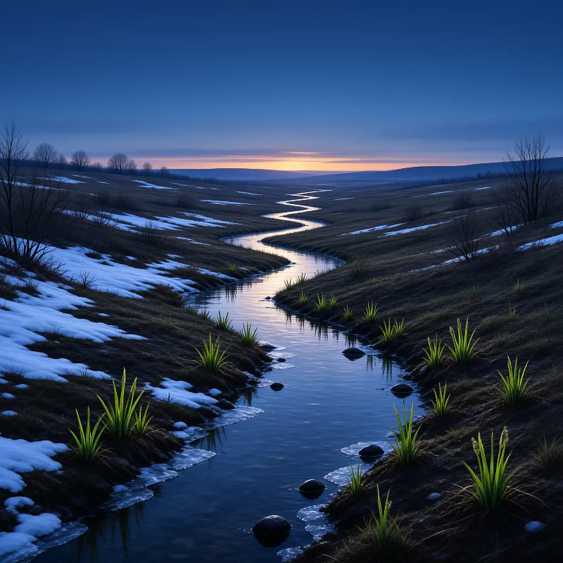A snaking watercourse reflects the orange horizon while green shoots emerge from snowy banks under a deep blue sky.