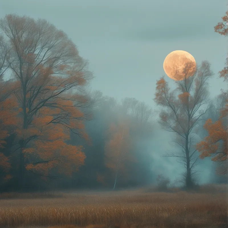 A round amber moon glows above copper-leaved trees drifting in cool blue evening mist