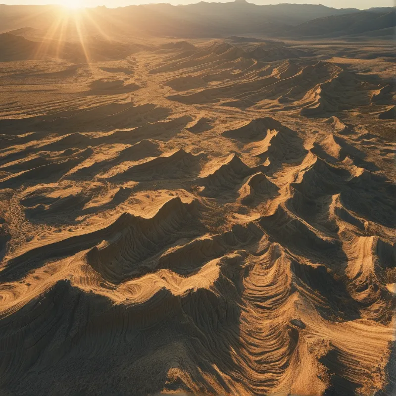 Aerial view of rippled desert dunes illuminated by bright morning rays casting deep shadows across the vast terrain.
