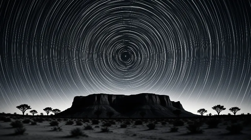 Monochromatic image of circular star trails spinning above a dark desert mesa and scattered acacia trees.