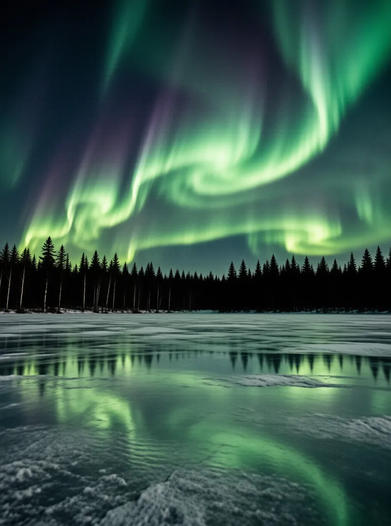 Green northern lights dance across the sky above a snowy landscape with pine trees reflected in the icy water below.