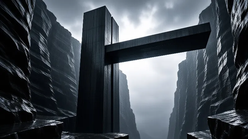 A massive dark cross structure stands silhouetted against a bright sky within a narrow steep rocky gorge.