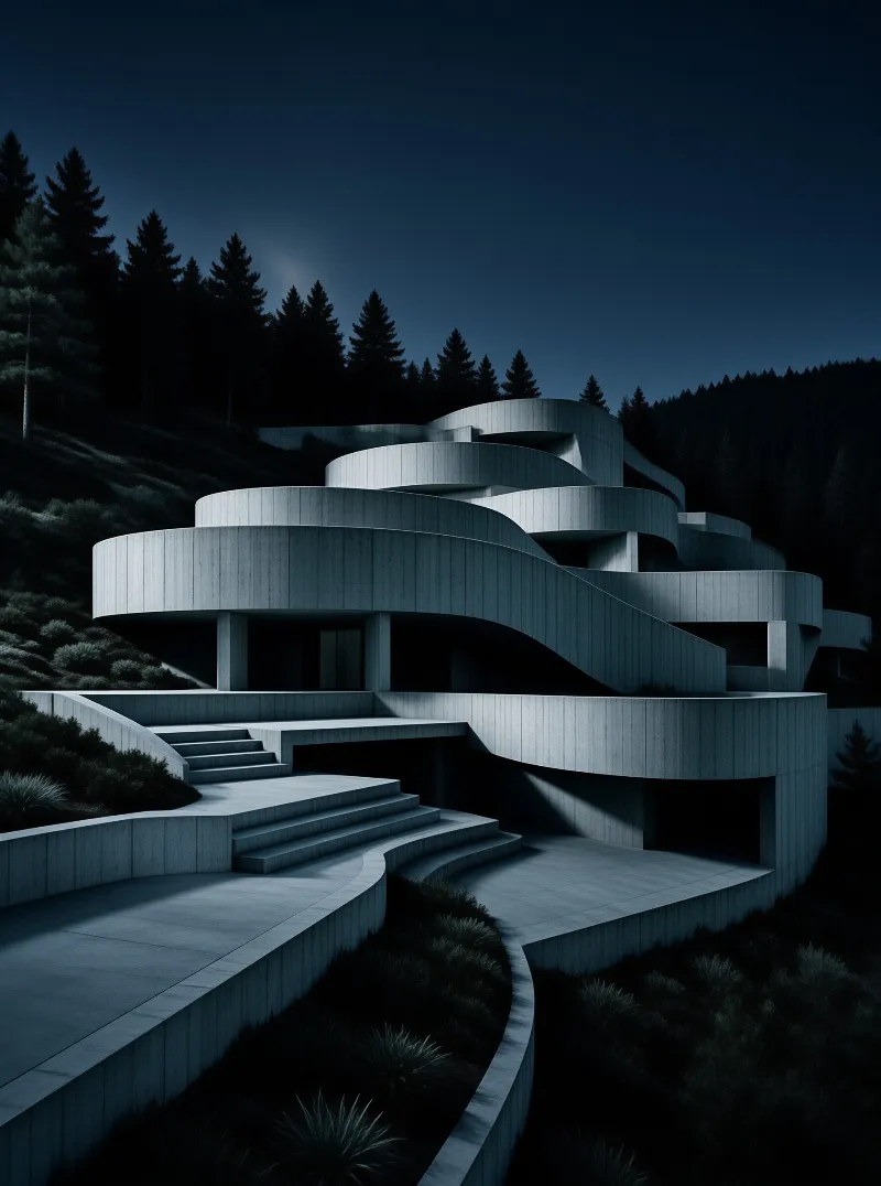 Layered white concrete balconies wind around a dark hillside of pines under a deep blue twilight sky.