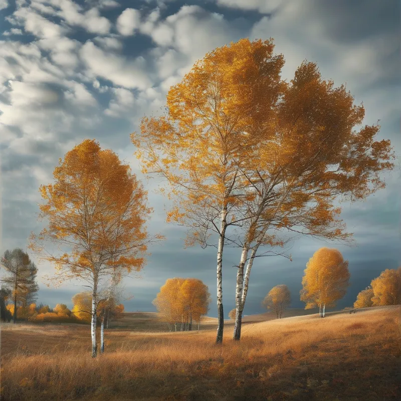 Tall birch trees with yellow leaves stand in a golden grassy field beneath a blue sky with clouds.