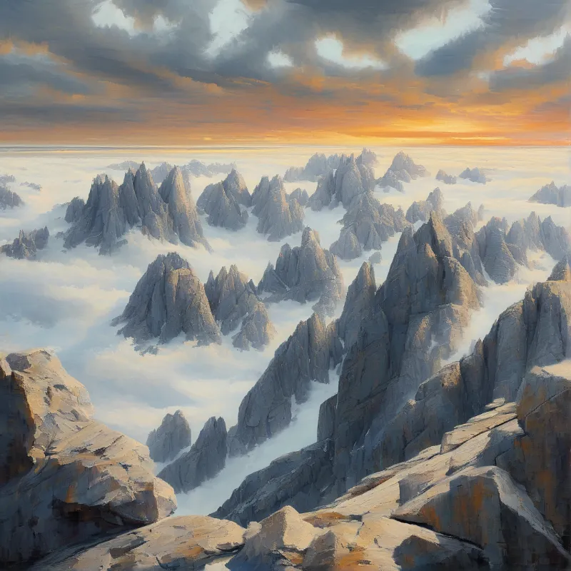 Rugged stone pinnacles rising above a thick white sea of clouds beneath a dramatic orange and blue sky