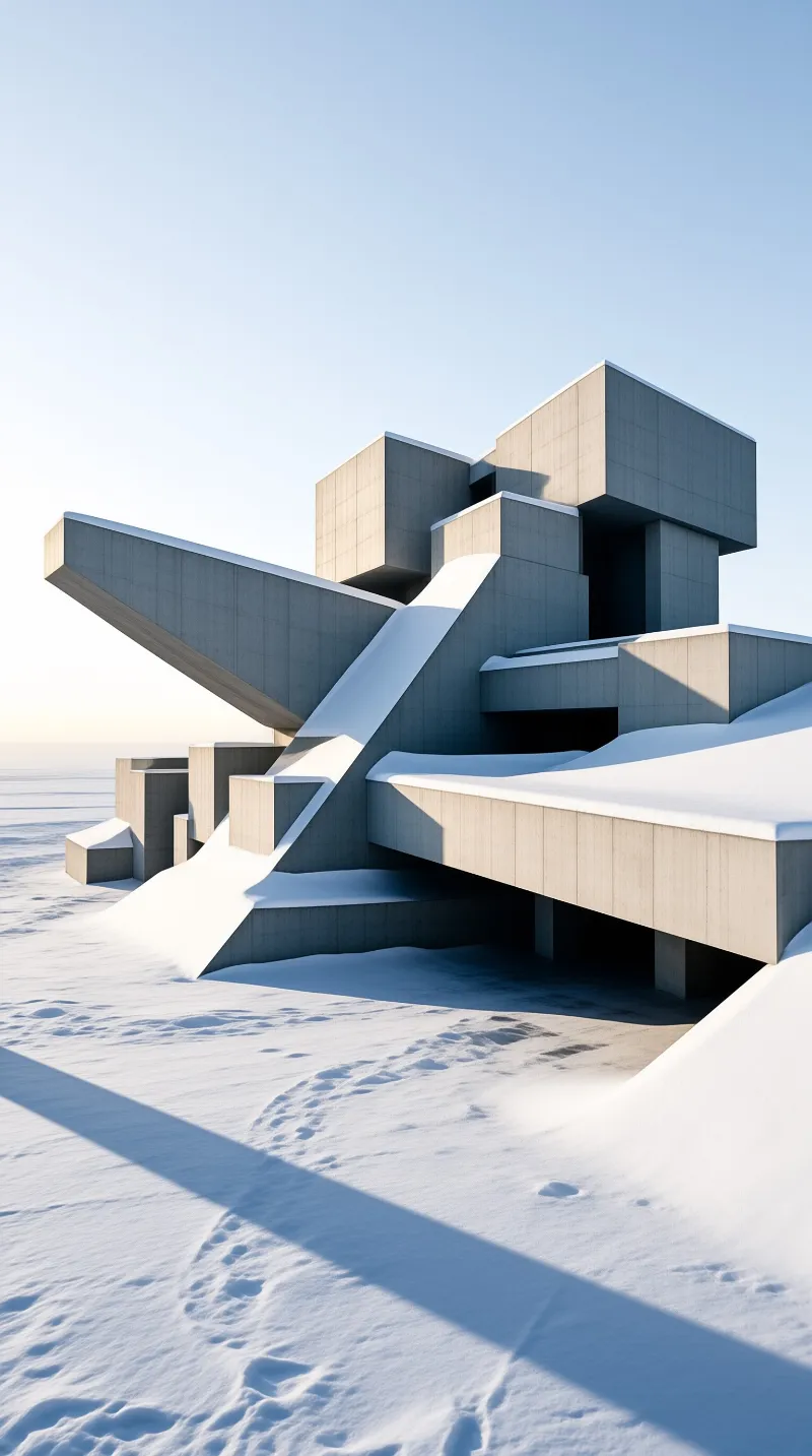 Massive concrete building stands isolated in a vast white snowfield with a clear blue sky and long shadows cast by low sun.