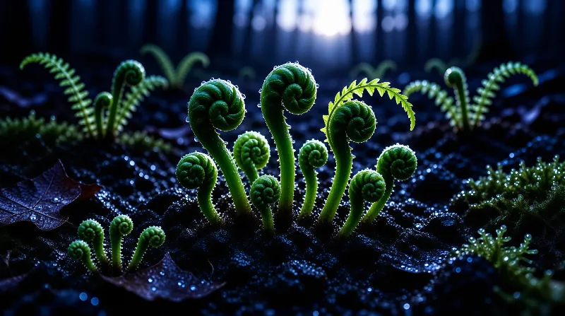 Dewy green fern curls emerge from wet earth under cool blue twilight lighting