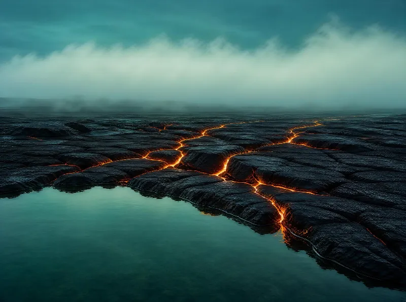 Volcanic Landscape with Lava and Water
