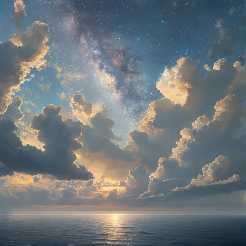 Large puffy clouds glow orange above calm dark waters while the Milky Way spans the deep blue starry sky.