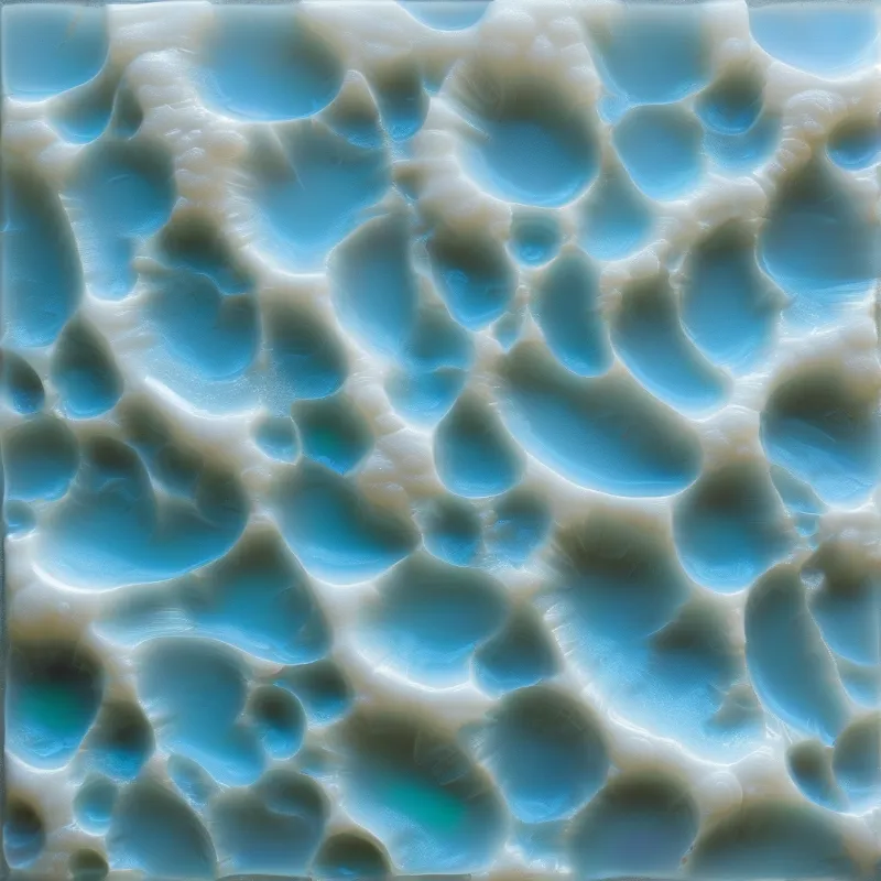 Rounded pools of turquoise and slate drift through a milky surface in an abstract marbled close-up.