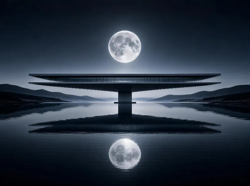 A modern concrete structure extends over calm water with a large full moon above and its reflection below, surrounded by distant hills in a twilight sky
